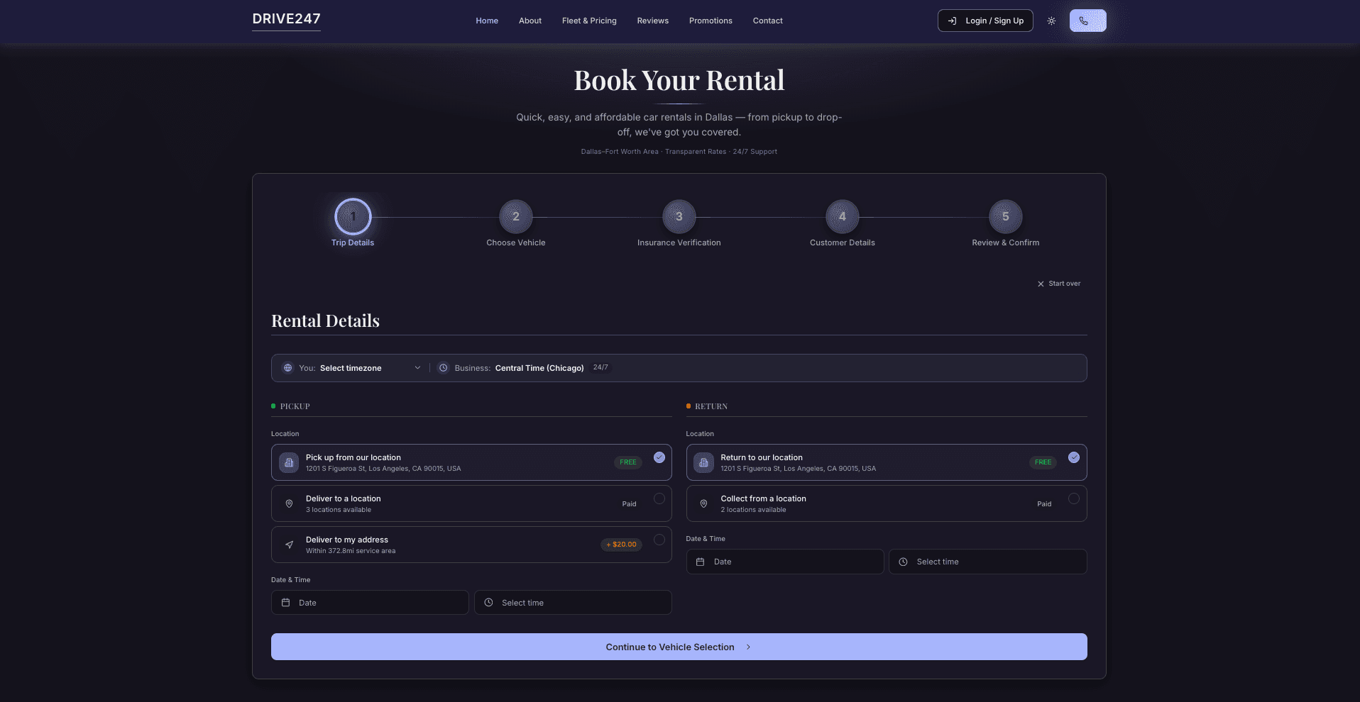 Drive247 branded booking flow showing trip details, vehicle selection, and insurance steps