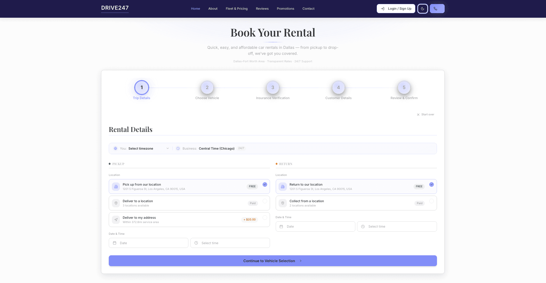 Drive247 branded booking flow showing trip details, vehicle selection, and insurance steps