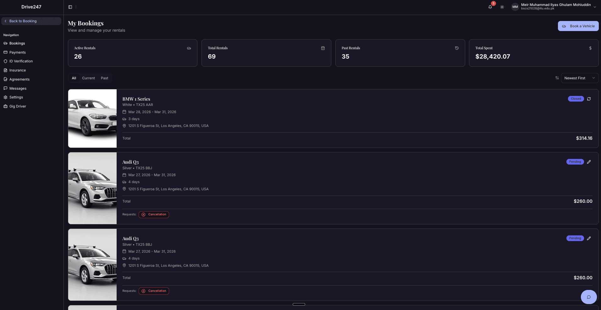 Drive247 renter portal showing bookings, payments, ID verification, and messaging