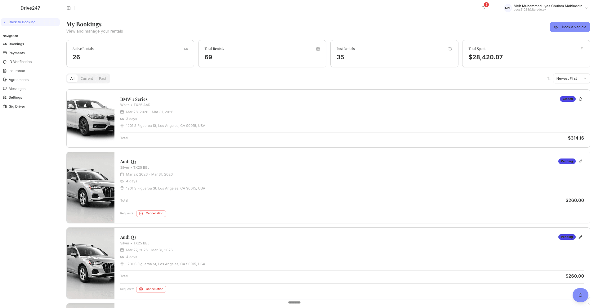 Drive247 renter portal showing bookings, payments, ID verification, and messaging